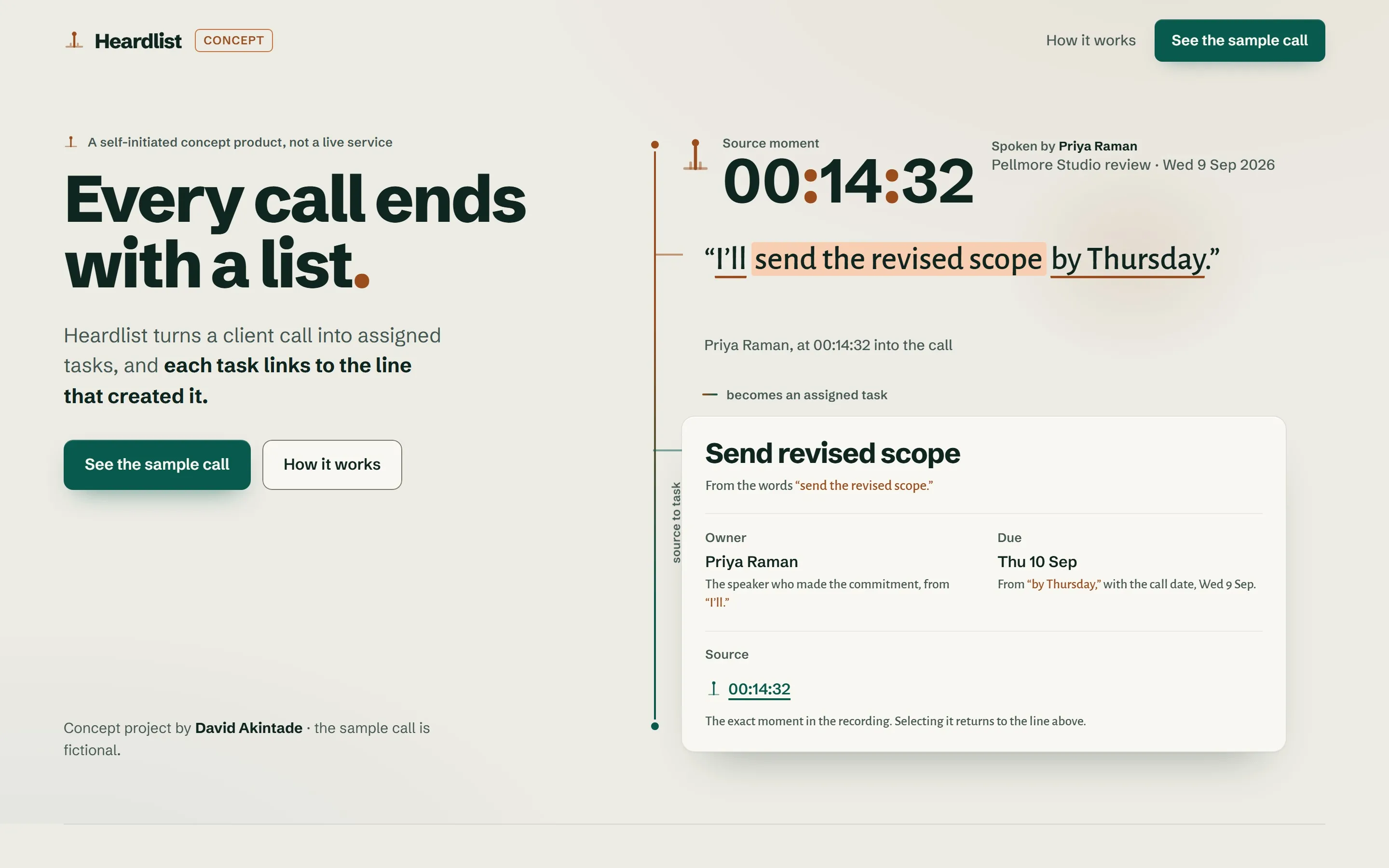 Heardlist desktop hero: the headline Every call ends with a list, beside a source moment at 00:14:32 resolving into an assigned task card.