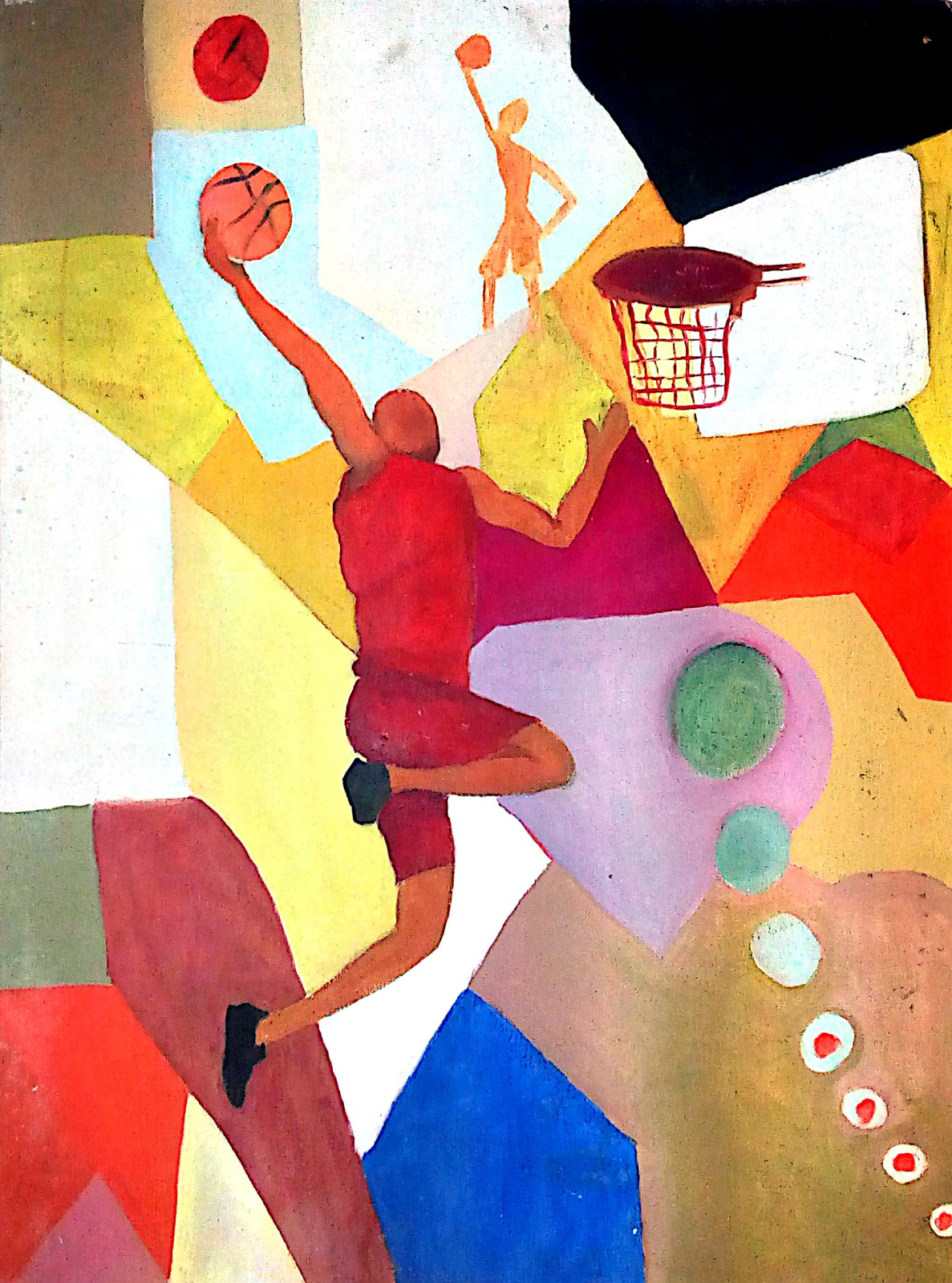 A painting of a basketball player in a red kit leaping to dunk toward a hoop, among flat, angular blocks of colour. A small second figure reaches up near the top; a red disc and a row of small circles sit at the edges.