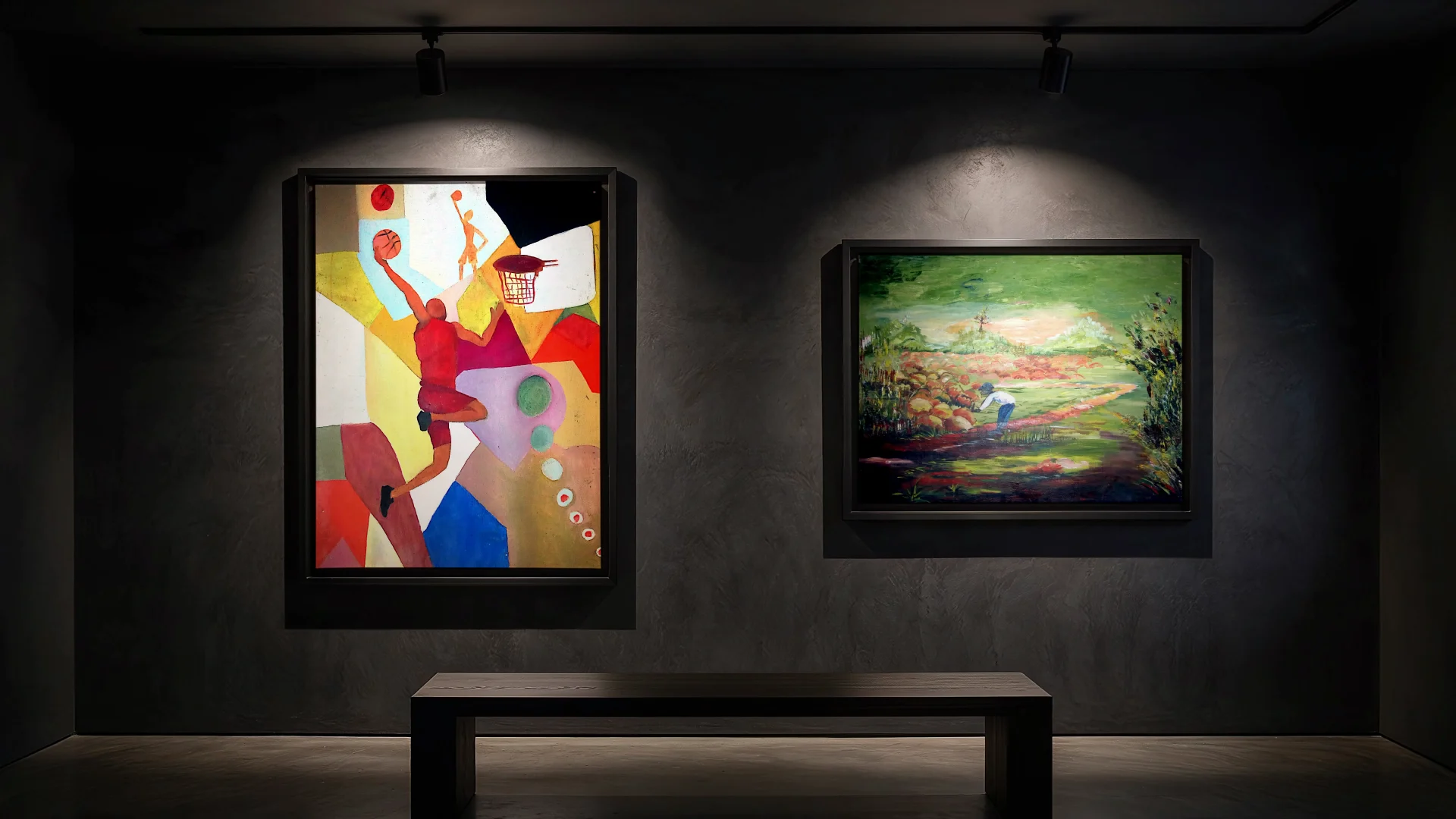 Two of David's paintings in thin black frames on a dark plaster gallery wall, each under a warm spotlight, a bench in front. Left, a basketball player in a red kit leaping to dunk toward a hoop, among flat, angular blocks of colour. A small second figure reaches up near the top; a red disc and a row of small circles sit at the edges. Right, a green landscape: a figure in a white shirt and blue trousers bends over beside a path, among red and ochre rocks, under a pale glowing sky, with dense foliage at the right edge.